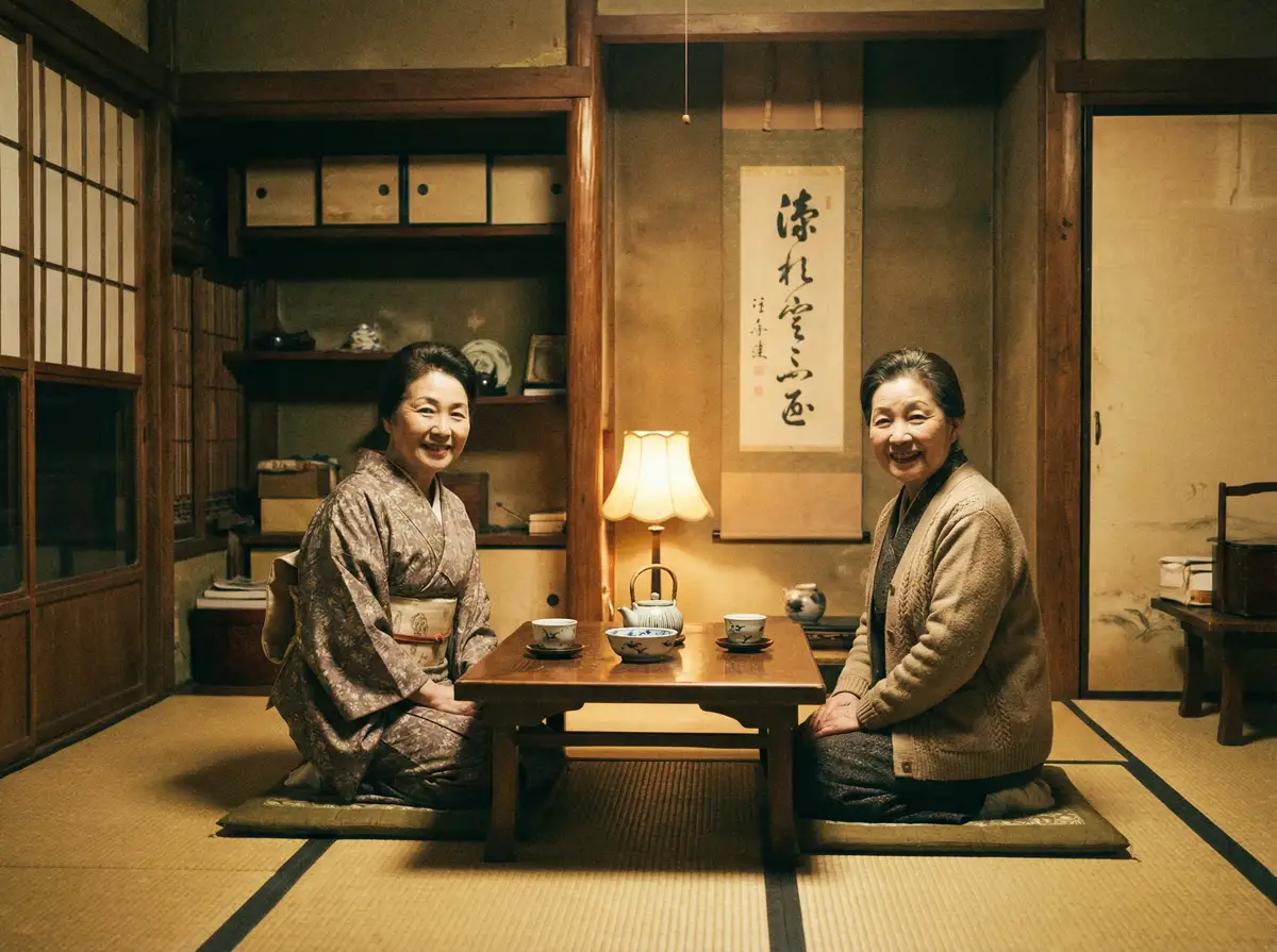 两位优雅的 半岛体育(BOB)网站 在日式茶室中品茶交谈